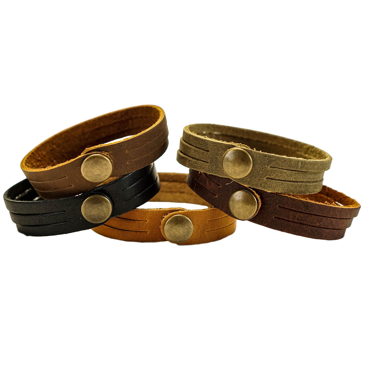 144-47463095.SLC.03.jpg 5pk Oil Tan Mystery Braid Bracelets - Antique Brass Snap Image