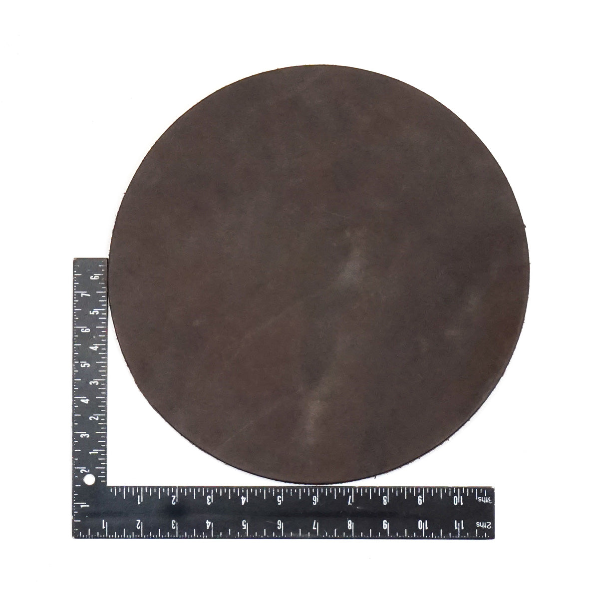 100-12702.SLC.2.jpg 12" Round 8-10oz. Brown Hermann Oak Drum Dyed Pre-Cut Image