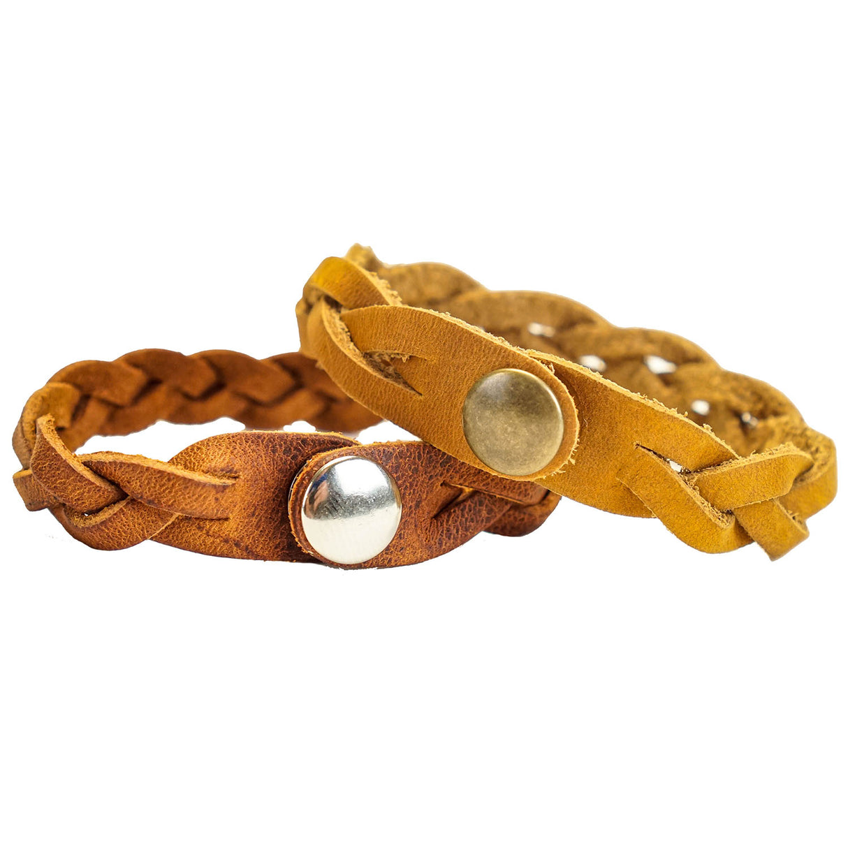 144-47463095.SLC.04.jpg 5pk Oil Tan Mystery Braid Bracelets - Antique Brass Snap Image