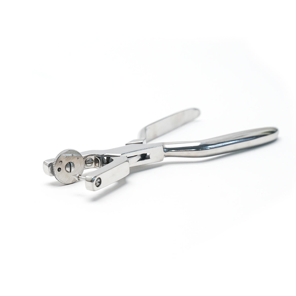 Rotary Hand Sewing Punch tool from the bottom. Shows a stainless steel tool for punching stitching holes.