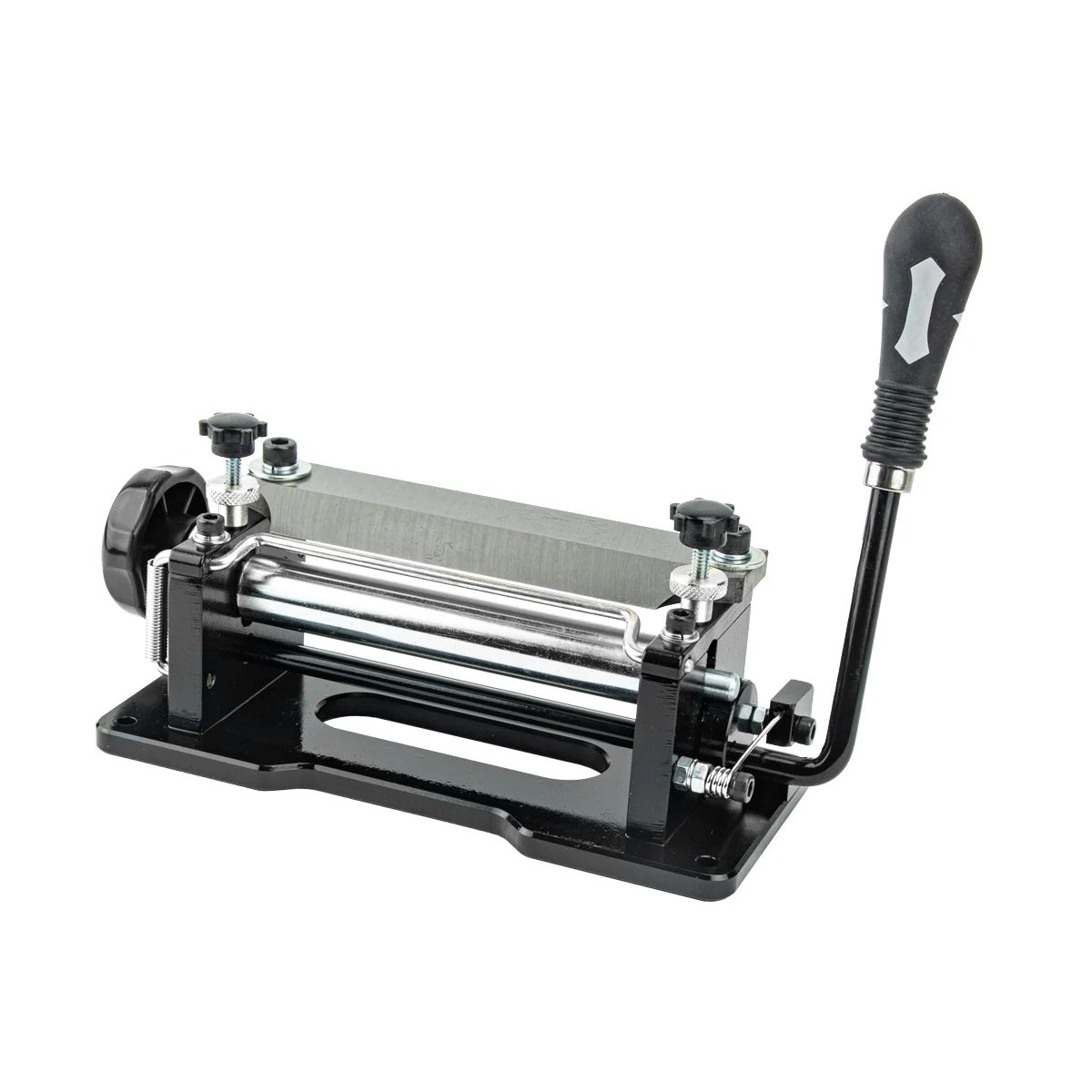 Black and silver splitting machine with rubberized handle.