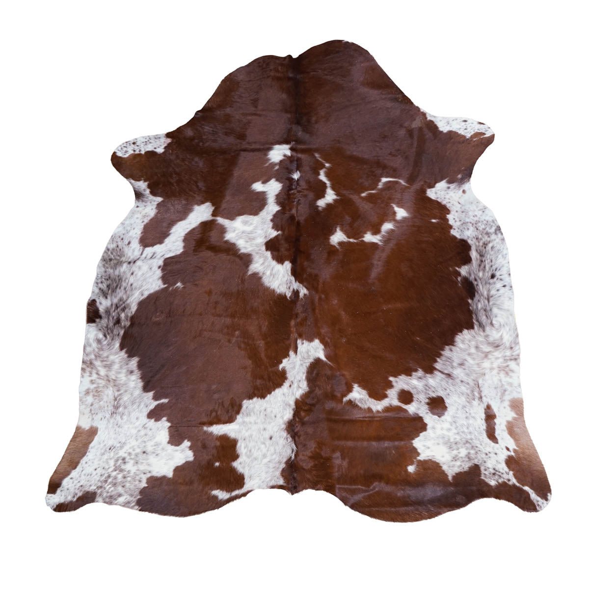 Brown and white cowhide rug with a natural spotted pattern, shown flat against a solid white background.