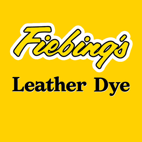 Yellow square graphic with the text 'Fiebings Leather Dye' in stylized yellow and black lettering with white outlines.