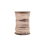A spool of light tan leather lace or trim, shown vertically against a plain white background.