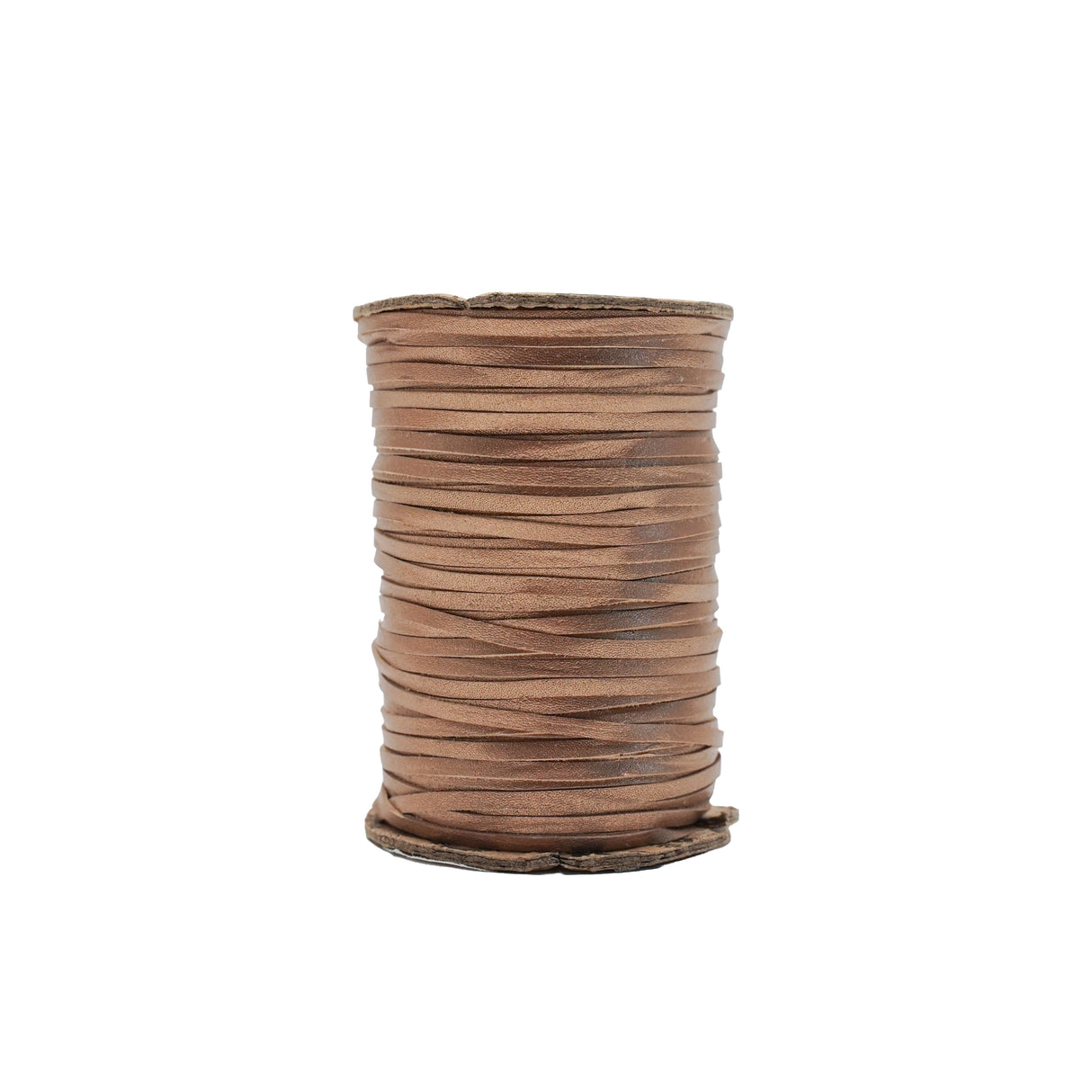 A spool of medium brown leather cord or elastic strap, shown vertically against a plain white background.