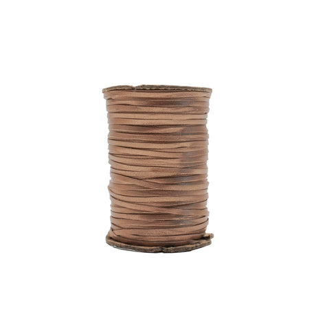 A spool of medium brown leather cord or elastic strap, shown vertically against a plain white background.