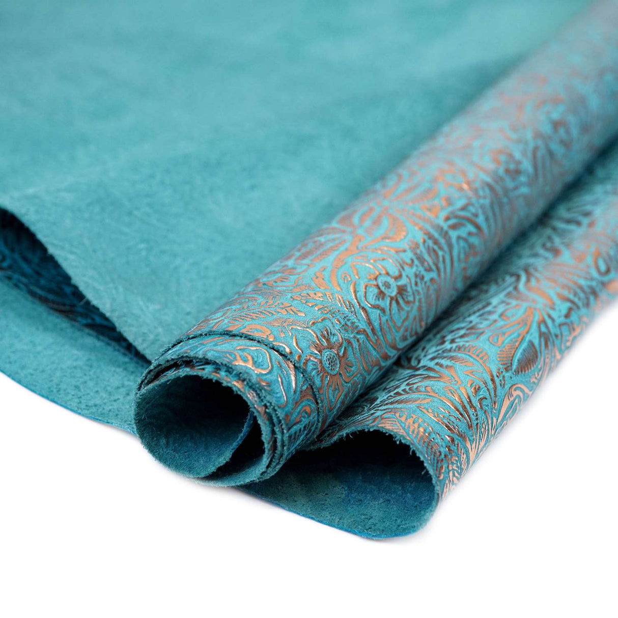 MFC.Rose Gold on Turquoise.01.jpg Metallic Floral Cow Sides Image