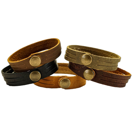 144-47463095.SLC.03.jpg 5pk Oil Tan Mystery Braid Bracelets - Antique Brass Snap Image