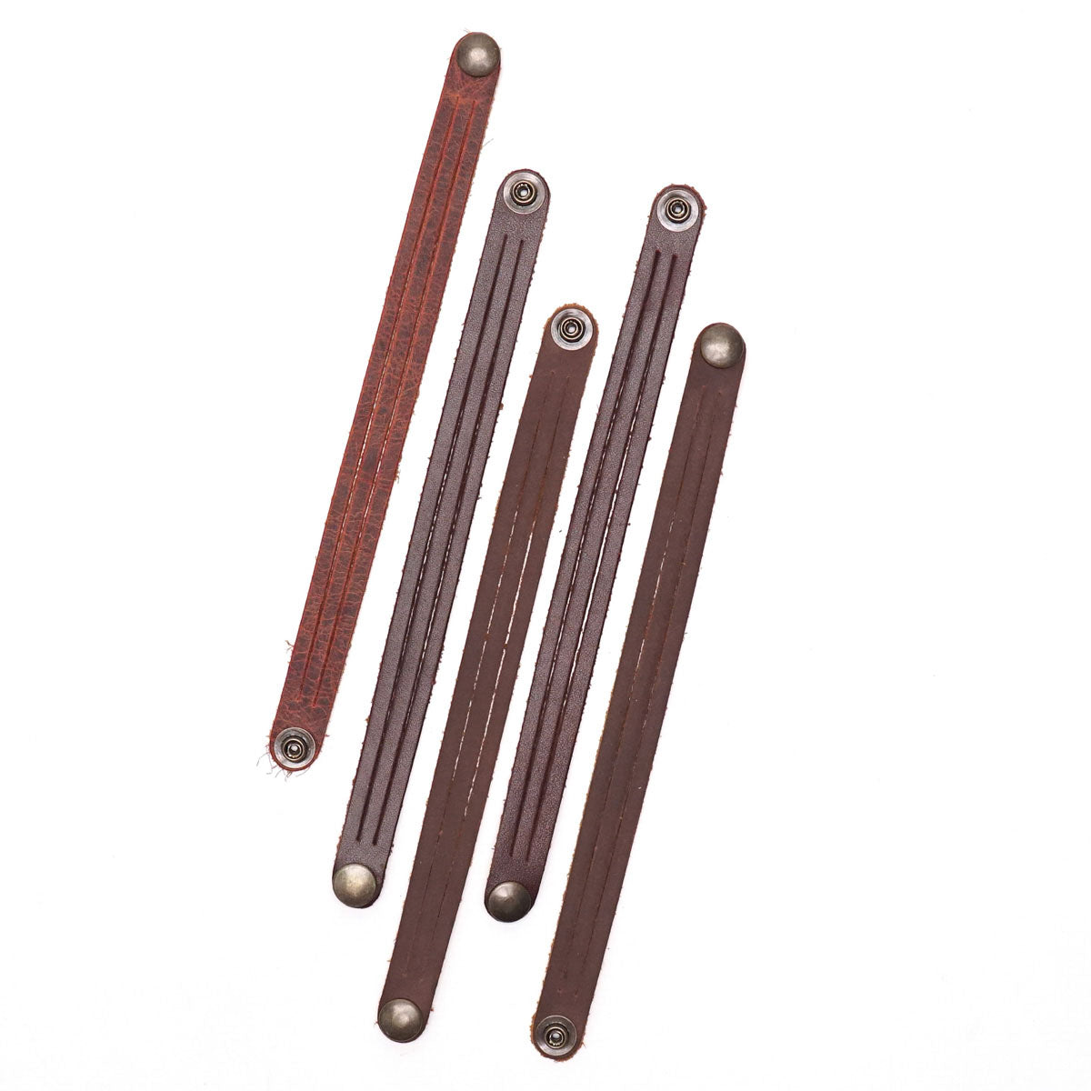 144-47463095.SLC.01.jpg 5pk Oil Tan Mystery Braid Bracelets - Antique Brass Snap Image