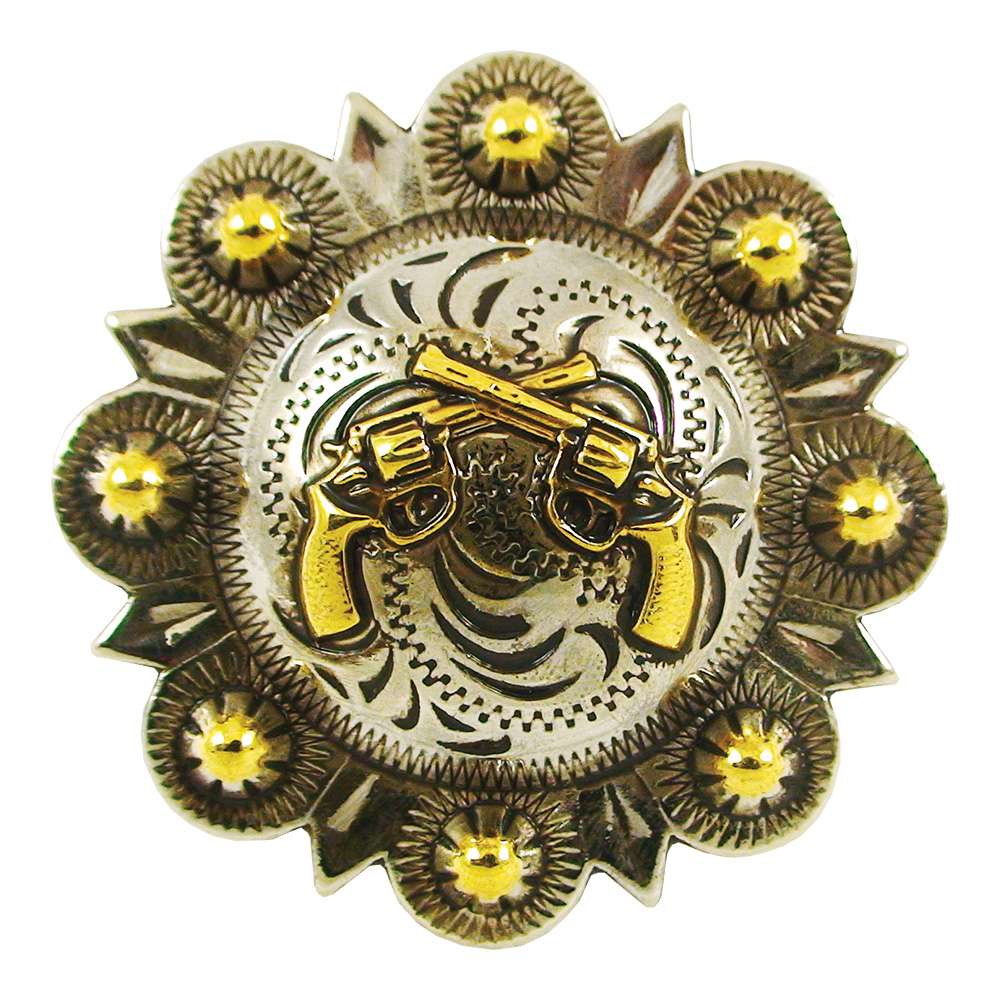 115-197704.SLC.jpg 1 1/2" Crossed Pistols Berry Conchos - Old SIlver/Gold Image