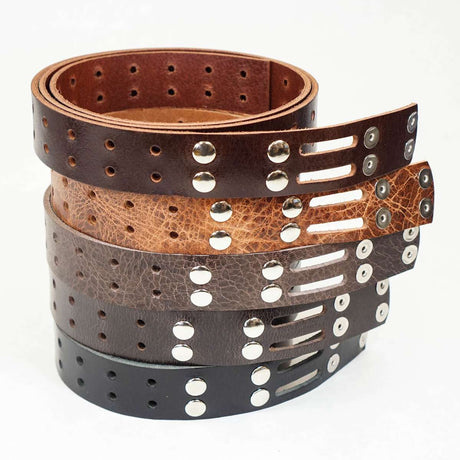 100-2069.SLC.3.jpg 1 1/2" Vintage Chocolate Buffalo Double Hole Belt Blank w/ Snaps Image