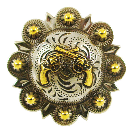 115-197704.SLC.jpg 1 1/2" Crossed Pistols Berry Conchos - Old SIlver/Gold Image