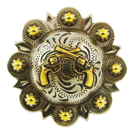 115-197704.SLC.jpg 1 1/2" Crossed Pistols Berry Conchos - Old SIlver/Gold Image